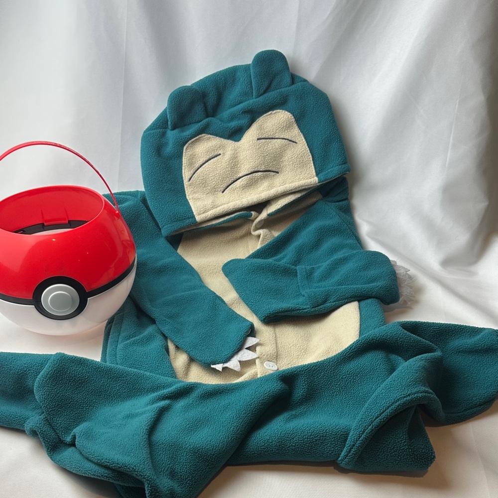 Pokemon Snorlax Onesie Costume with Red Pokemon Ball Candy Bucket - Kids ~4/5